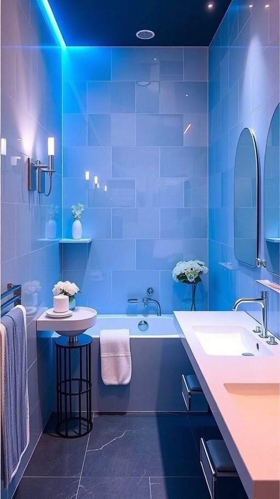 Modern bathroom featuring sapphire blue lighting fixtures and sleek design.