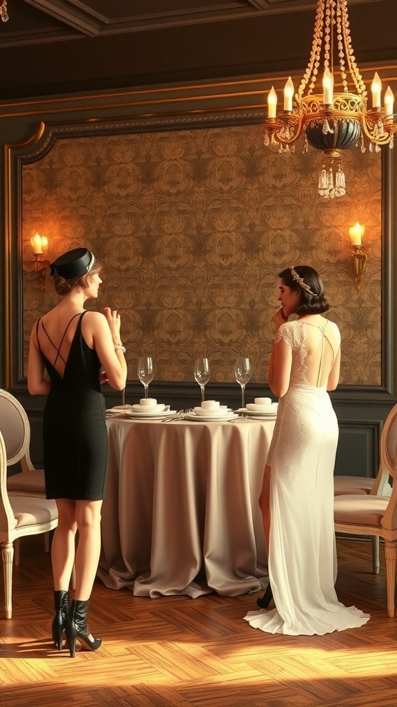 Two women dressed in elegant attire, enjoying a glamorous setting for a bridal shower with lavish table decor.