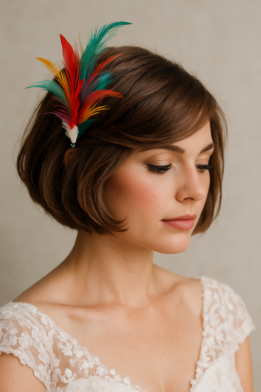 A woman with a sassy bob hairstyle adorned with a colorful feather fascinator.