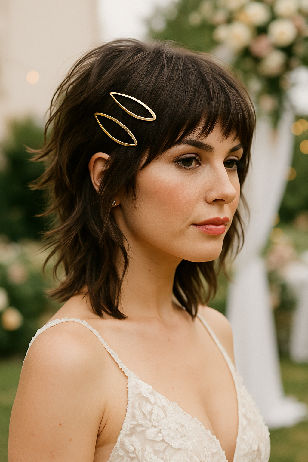 A woman with a sassy shag hairstyle adorned with bold gold hairpins, wearing a delicate wedding dress.