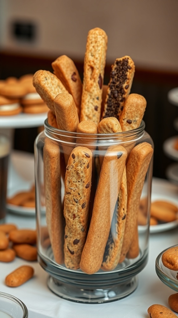 A selection of biscotti in a glass jar on a dessert table