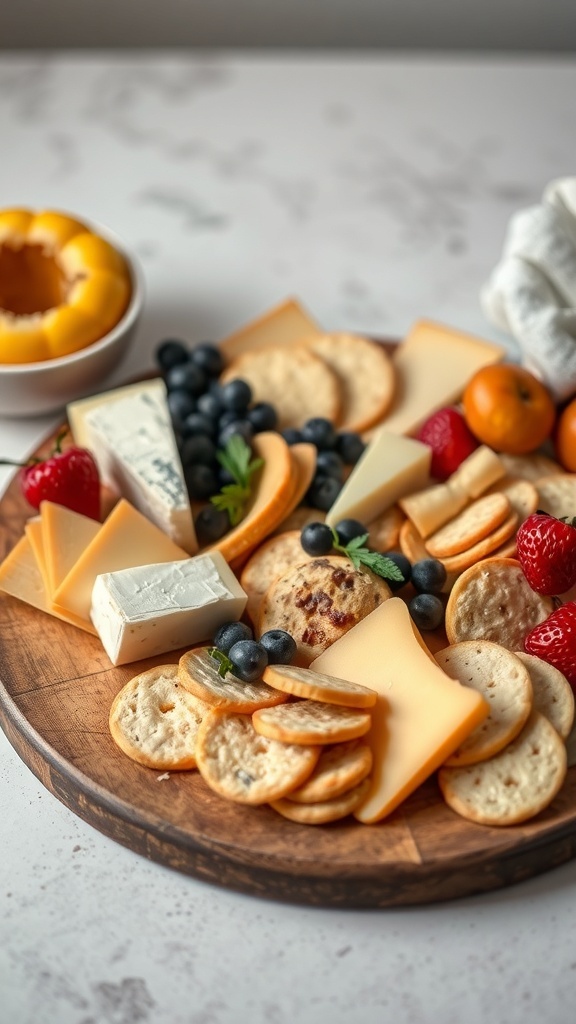 A beautifully arranged cheese and crackers board with assorted fruits.