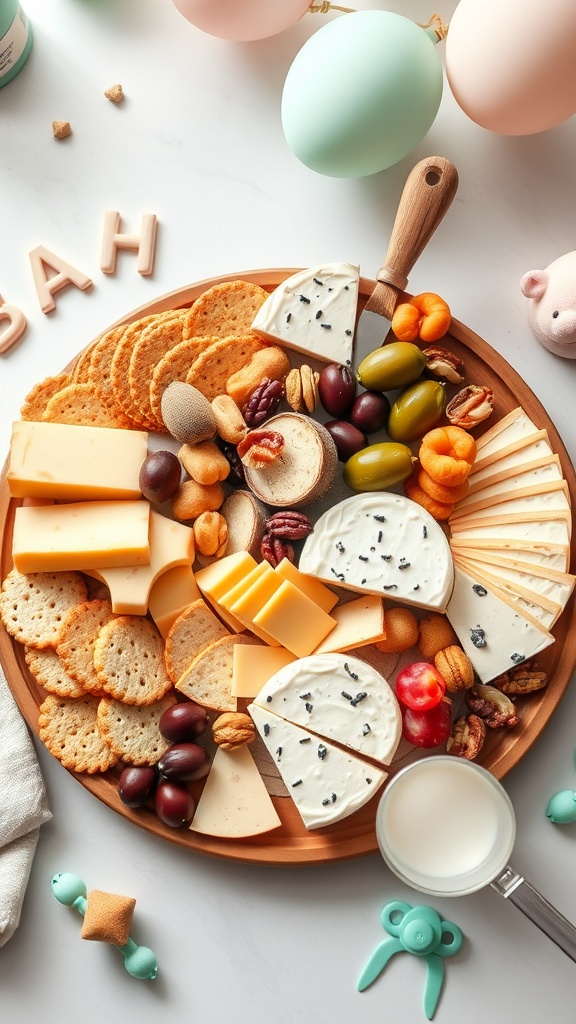 A colorful cheese and crackers platter with various cheeses, crackers, olives, and nuts, set against a backdrop of pastel balloons.