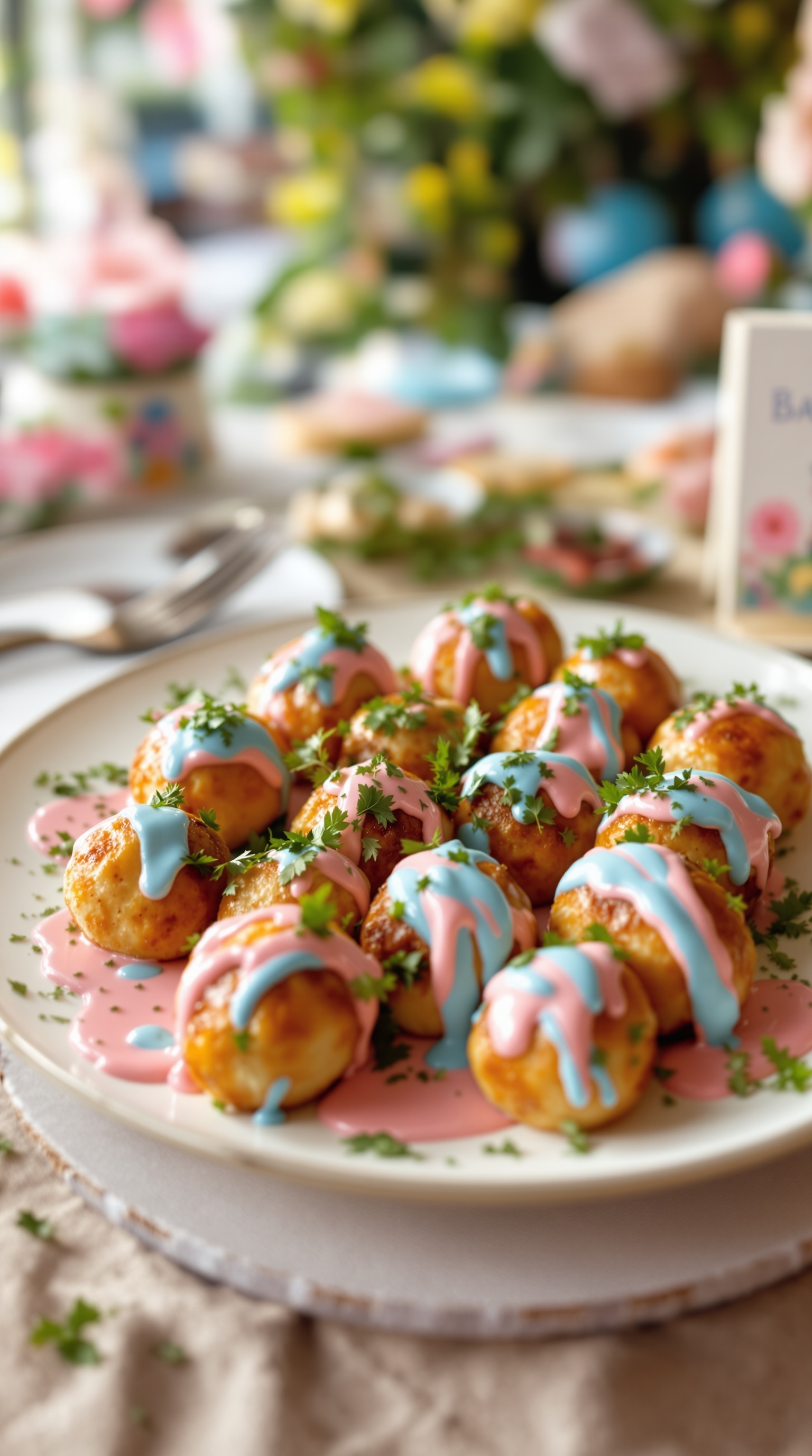 A plate of meatballs drizzled with pink and blue icing, garnished with parsley.
