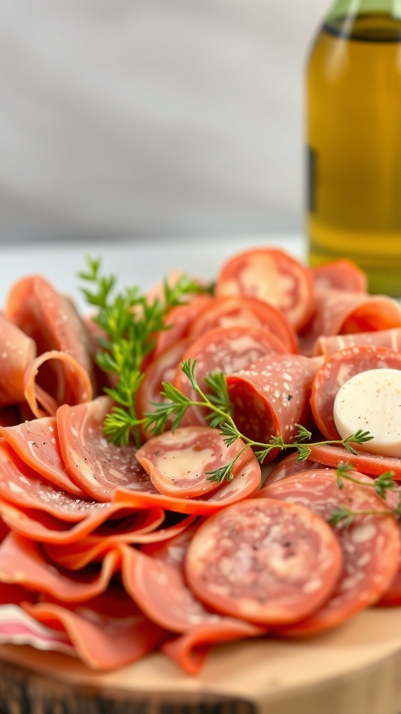 A close-up of a charcuterie board featuring various cured meats and fresh herbs.