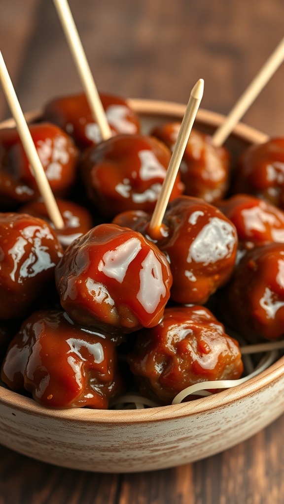 A bowl of savory meatballs with sweet sauce, garnished with toothpicks.