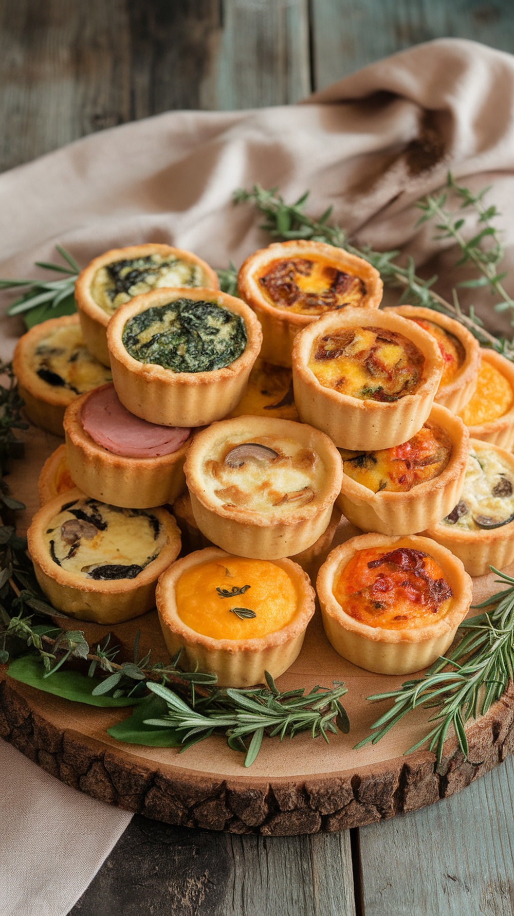 A platter of assorted mini quiches with various fillings, garnished with herbs.