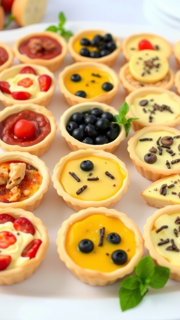 Savory mini quiches in pastry shells with various fillings.