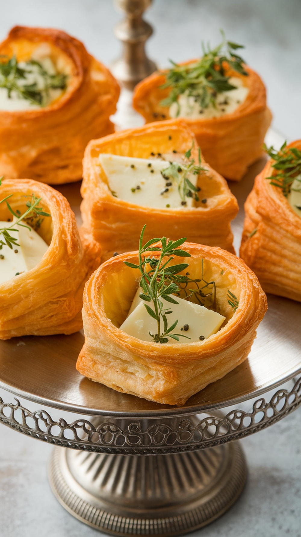 Savory puff pastry appetizers filled with cheese and garnished with herbs on a silver platter.