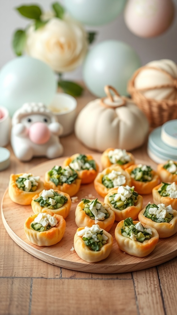 Savory puff pastry bites filled with spinach and cheese on a wooden platter, surrounded by decorative items.