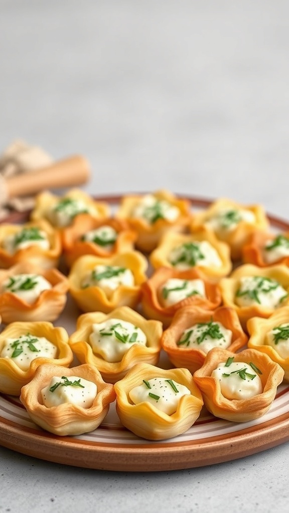 Plate of savory puff pastry bites with cream cheese filling and fresh herbs.