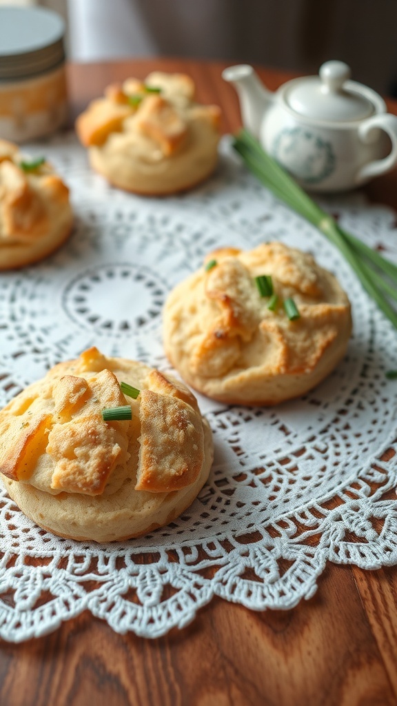 Savory cheese and chive scones on a lace doily with a teapot in the background.