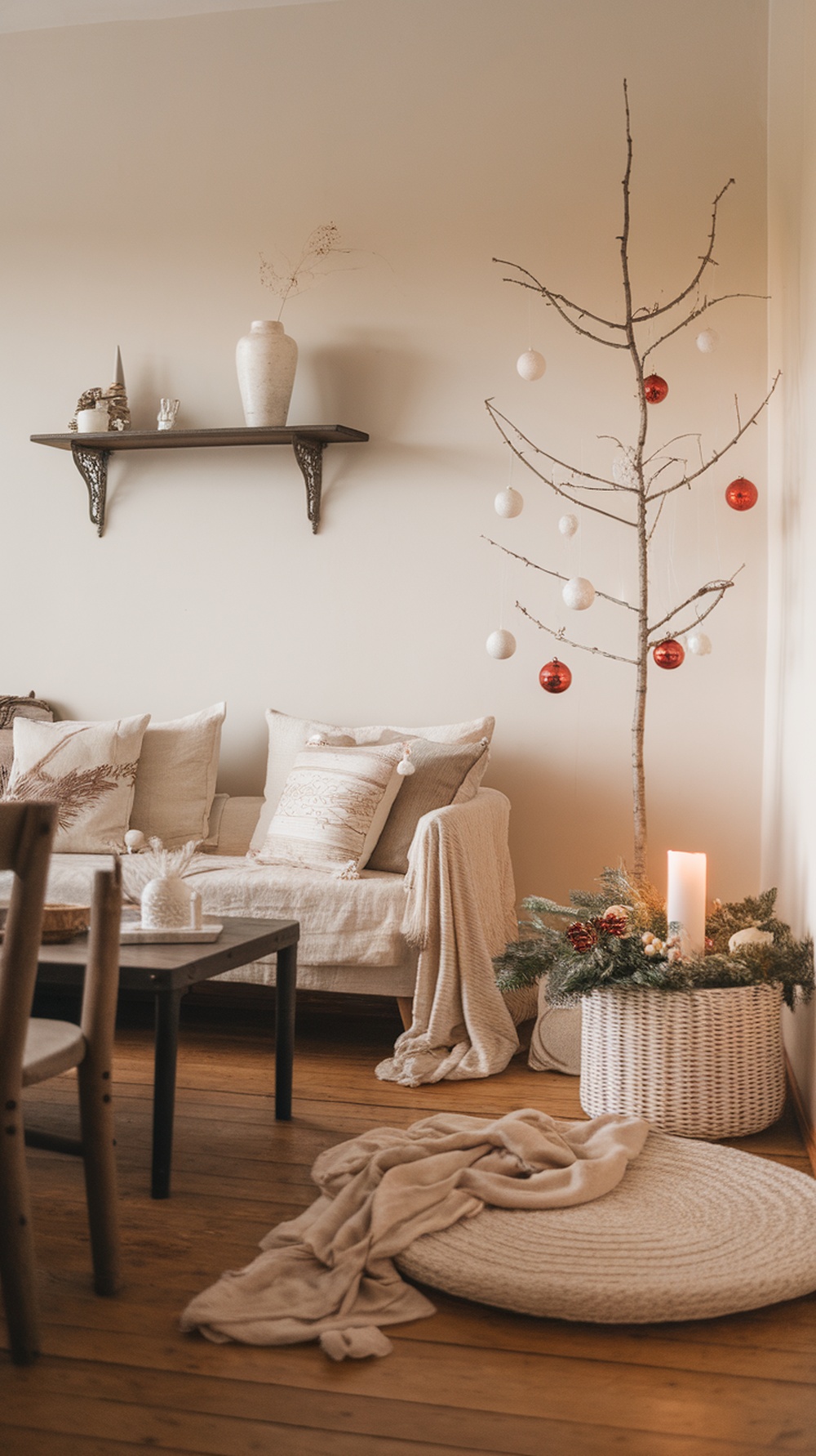A minimalist Scandinavian inspired Christmas decor featuring a simple branch tree with ornaments, cozy seating, and soft textures.