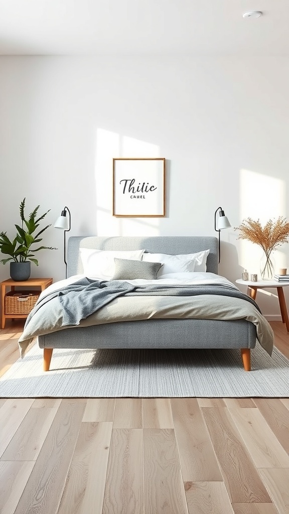 A minimalist bedroom featuring a grey bed frame, light wood flooring, and simple decor.