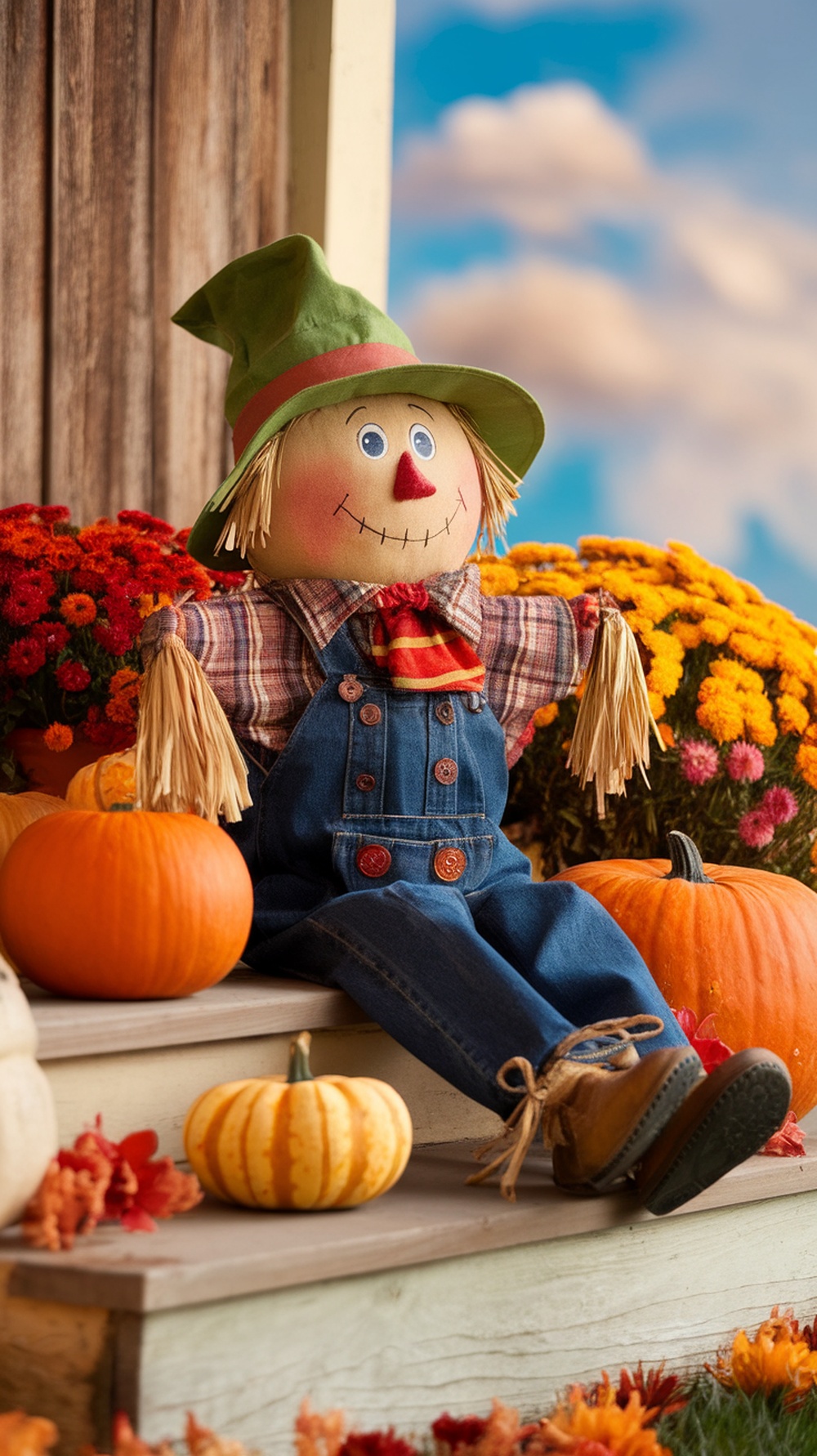 A cheerful scarecrow sitting on a porch surrounded by pumpkins and colorful flowers.