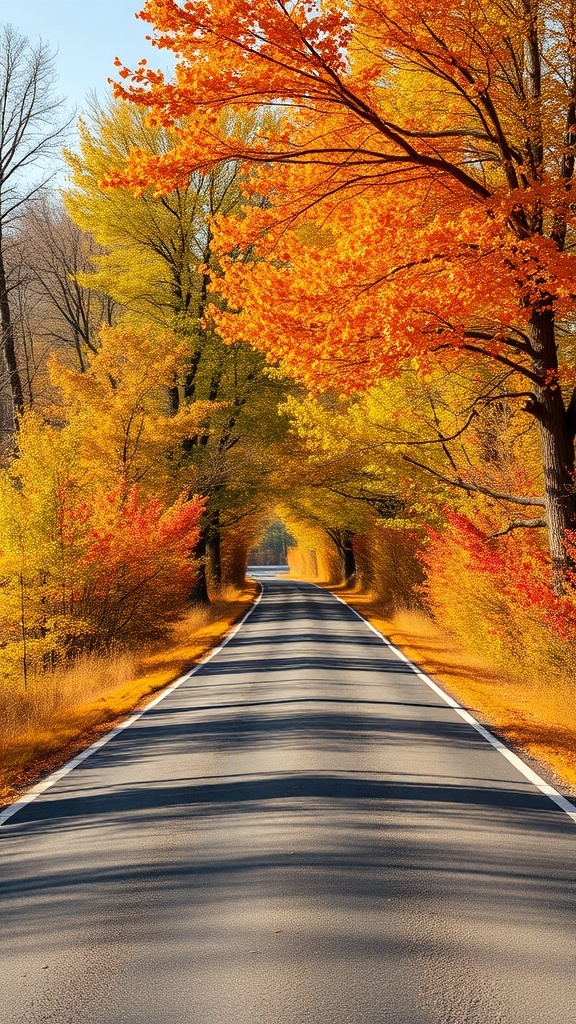 A scenic country road lined with colorful autumn trees.