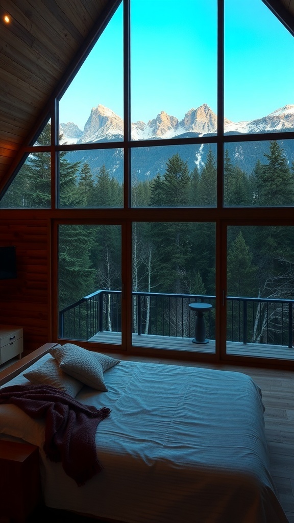 Cozy cabin bedroom with a view of mountains and trees through large windows