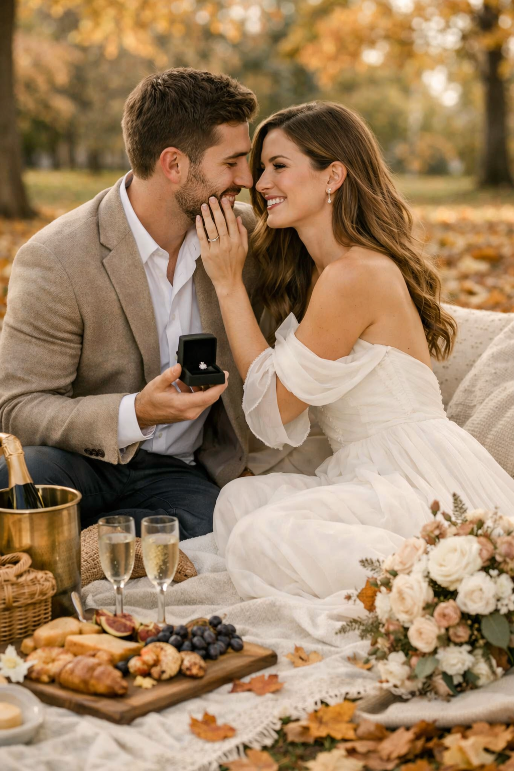 A couple enjoys a romantic picnic in the park during fall, with a proposal taking place.