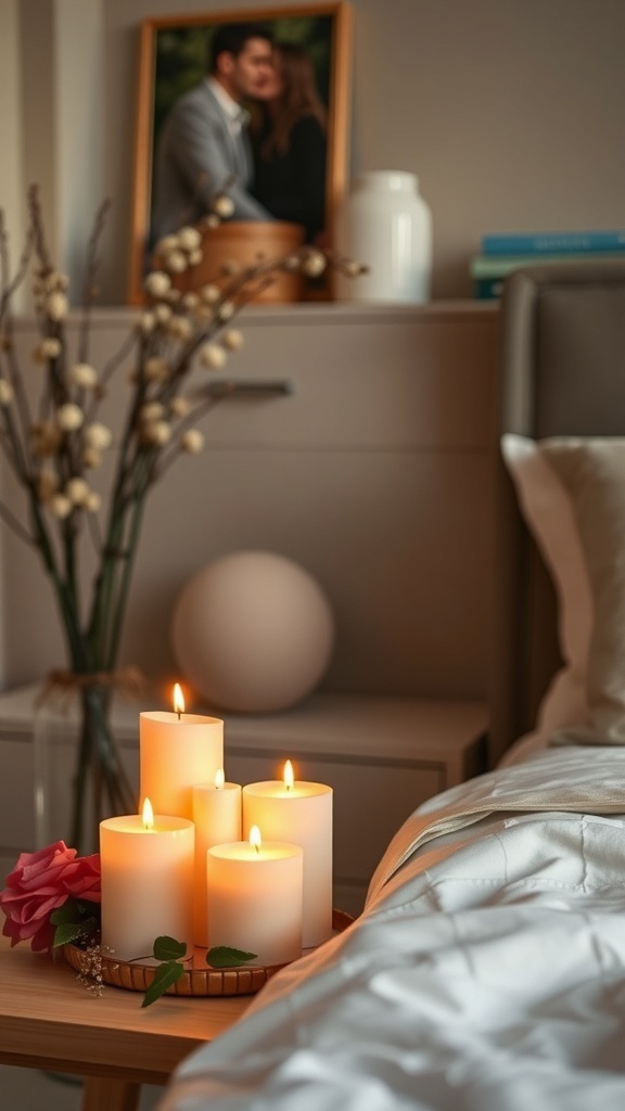A cozy bedroom scene featuring a tray of lit candles, a rose, and a framed photo on a nightstand.