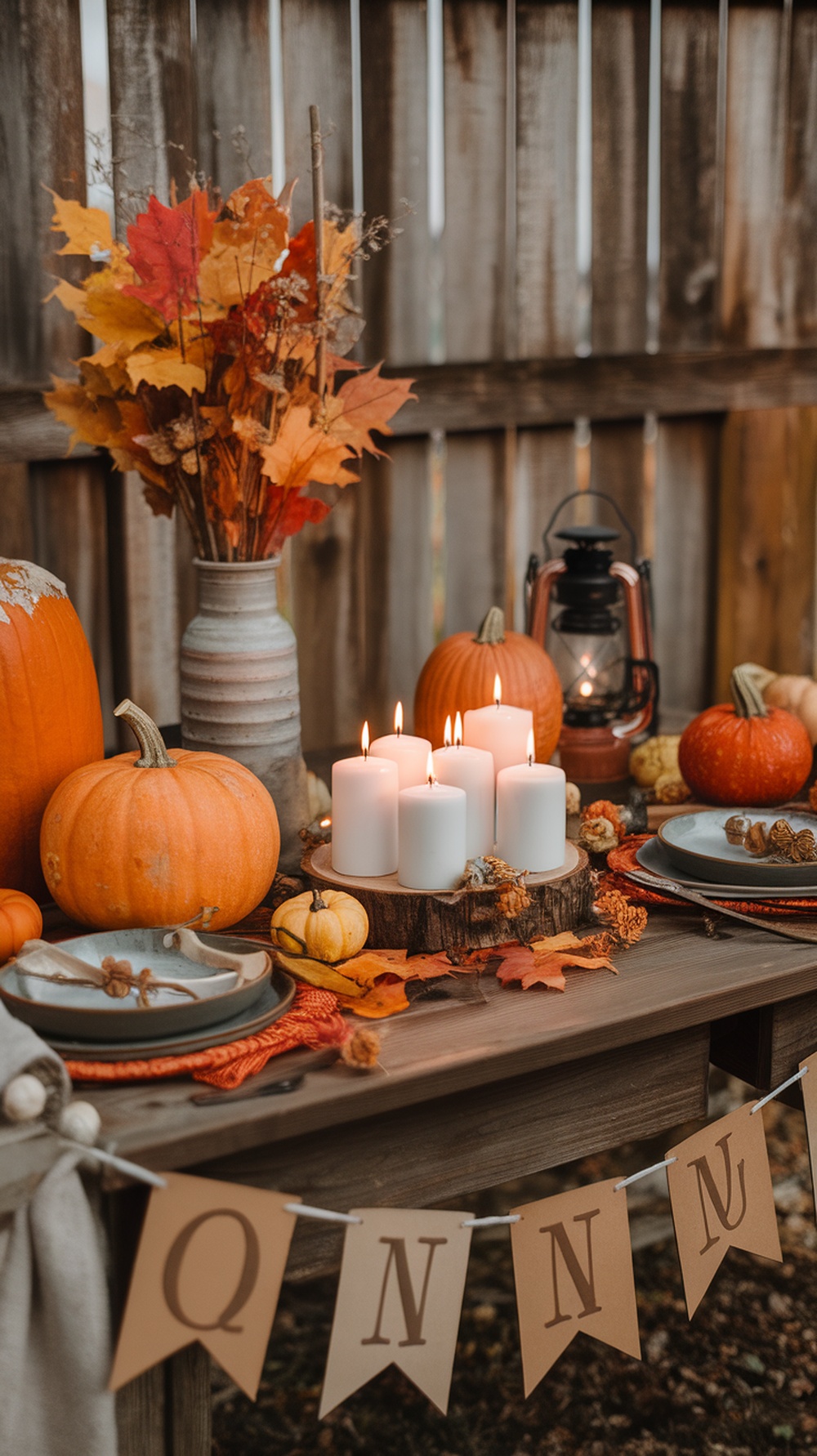 A cozy fall-themed table setting with pumpkins, candles, and autumn leaves.