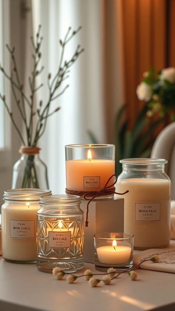 various scented candles with a soft glow, displayed on a table with decorative elements