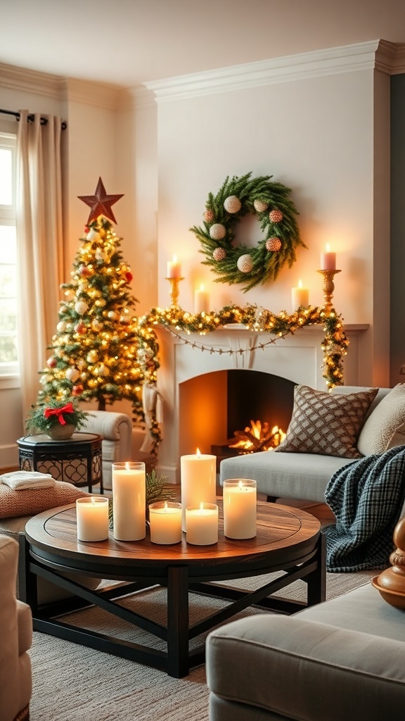 Cozy Christmas living room with scented candles and a decorated tree