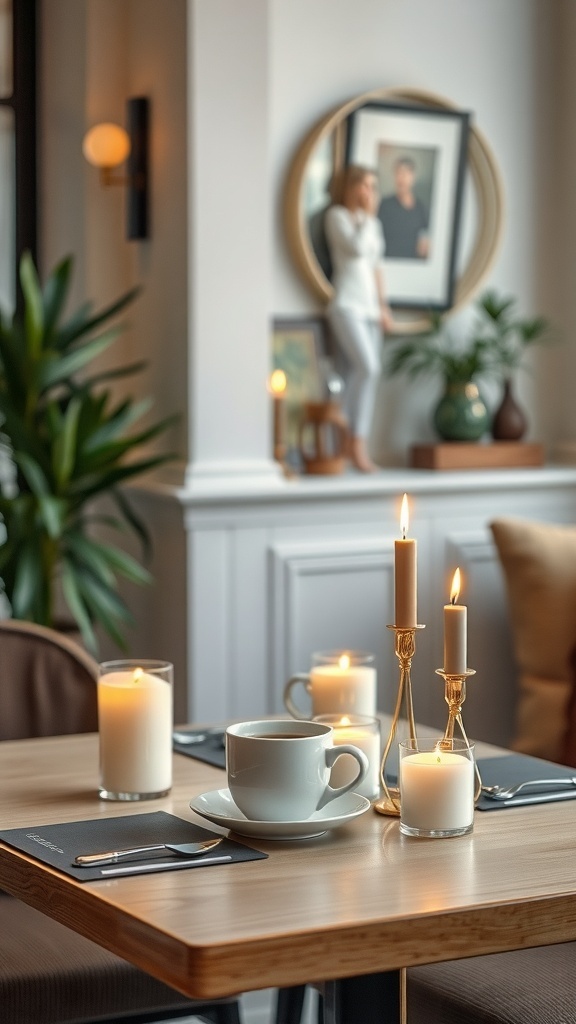 A cozy cafe table with scented candles and a cup of coffee