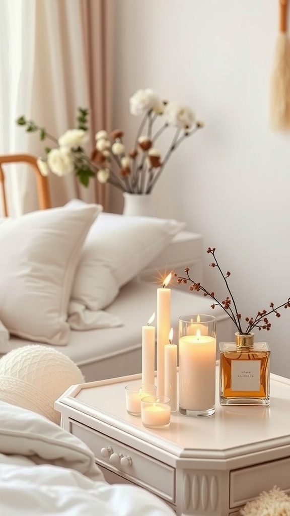 A cozy bedroom with scented candles and a decorative bottle on a bedside table, creating a romantic atmosphere.