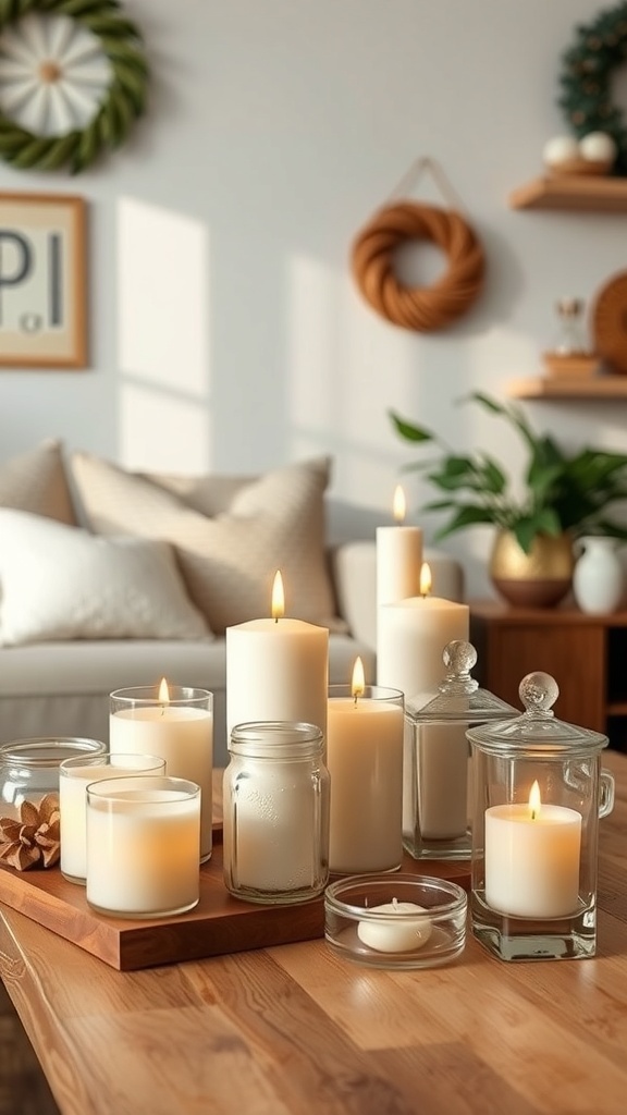 A cozy arrangement of various scented candles on a wooden table, creating a warm and inviting atmosphere.