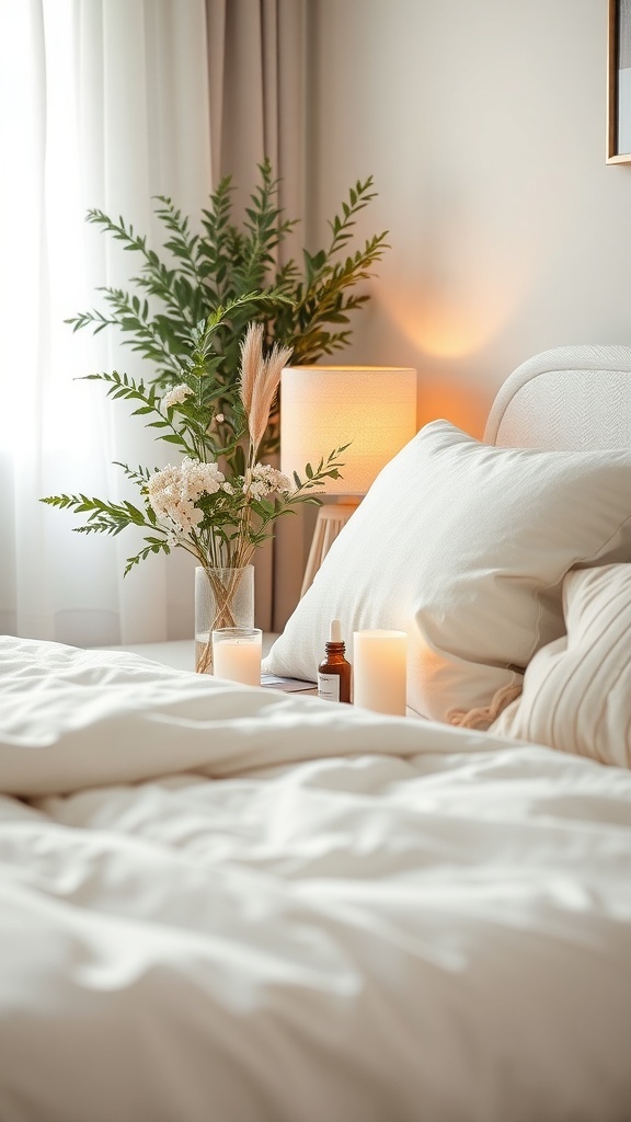 A cozy bedroom featuring scented candles, essential oils, and plants.