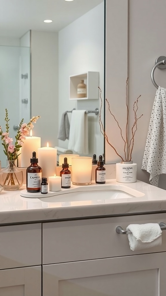A cozy bathroom with scented candles and essential oils on the countertop.