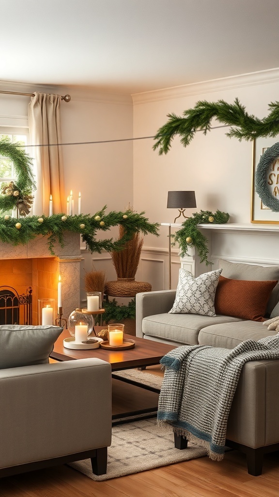 Cozy Christmas living room with scented candles and pine garlands