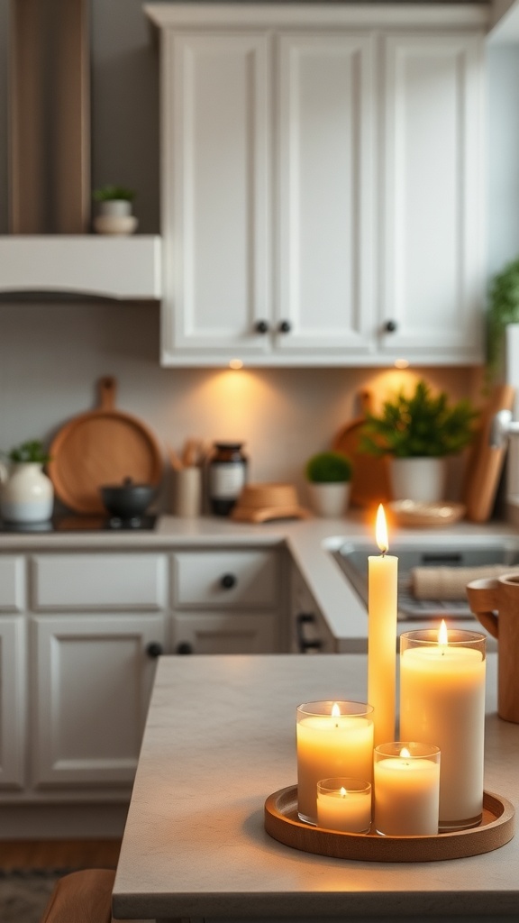 A cozy kitchen with scented candles on a countertop, creating a warm atmosphere.