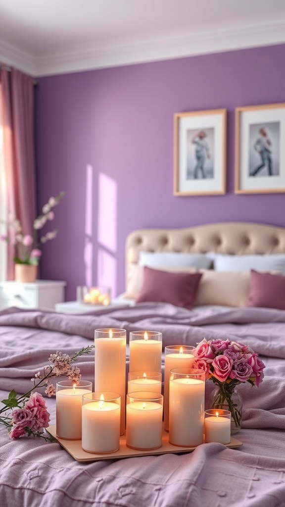A cozy purple bedroom with scented candles and pink roses on a tray.