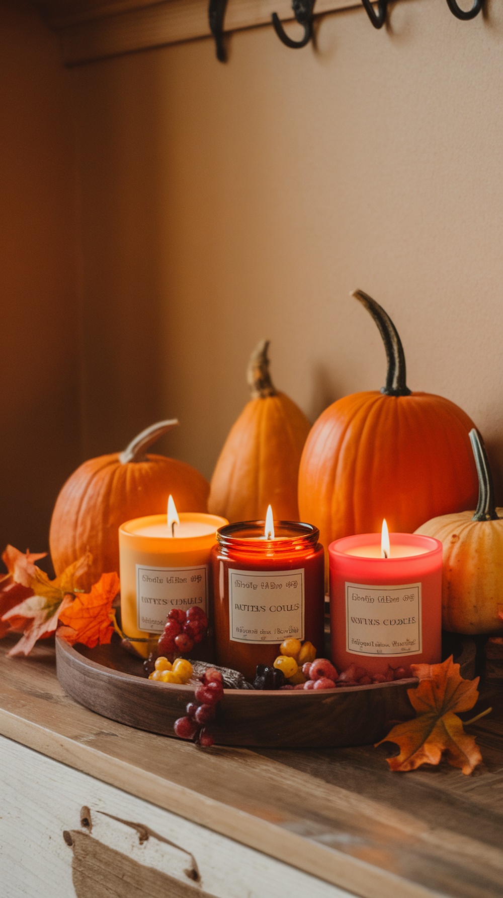 A cozy Thanksgiving display featuring three lit scented candles surrounded by pumpkins and autumn leaves.