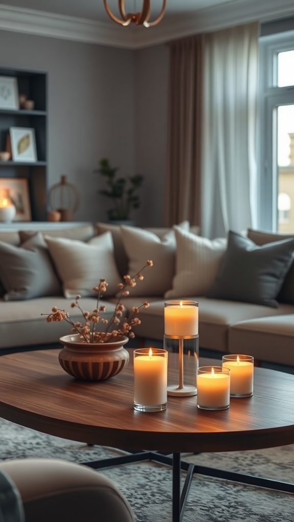 Cozy living room with scented candles on a coffee table
