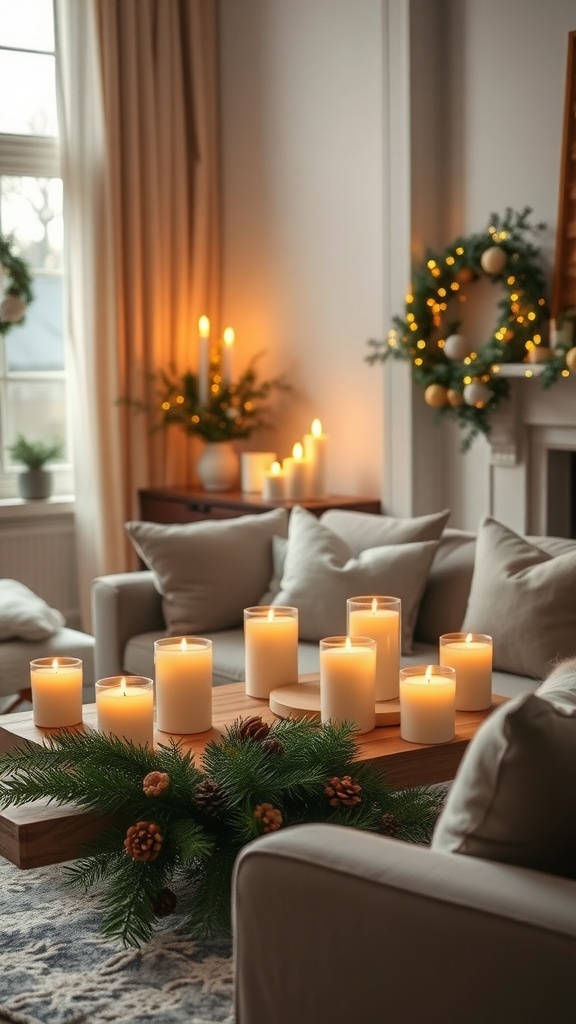 A cozy living room with several lit candles on a wooden table, surrounded by soft furnishings and winter decorations.