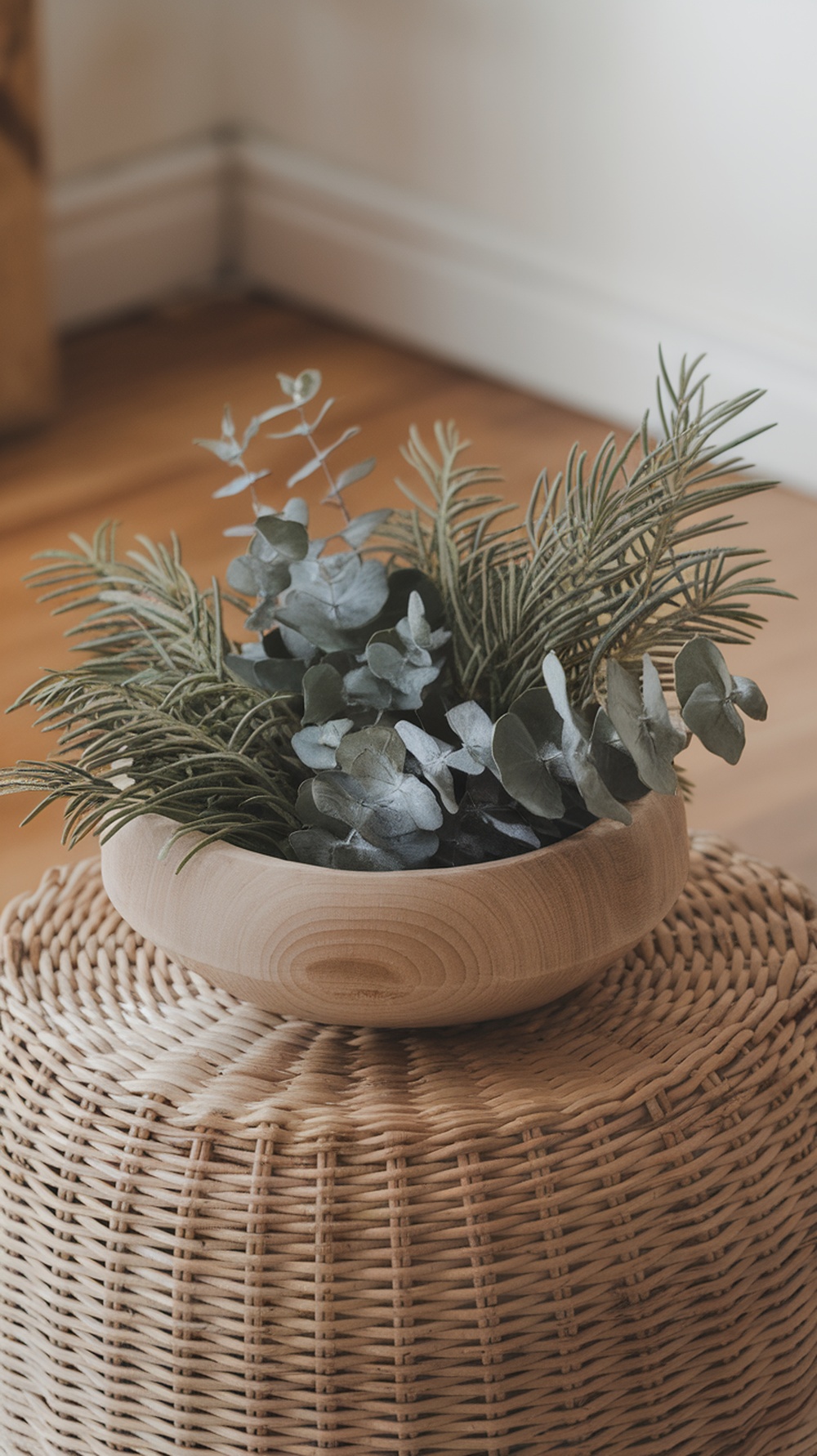 A wooden bowl filled with cedar and eucalyptus leaves, placed on a woven stool.