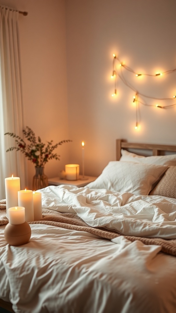 A cozy bedroom with candles and soft lighting, featuring a bed with white linens and decorative elements.