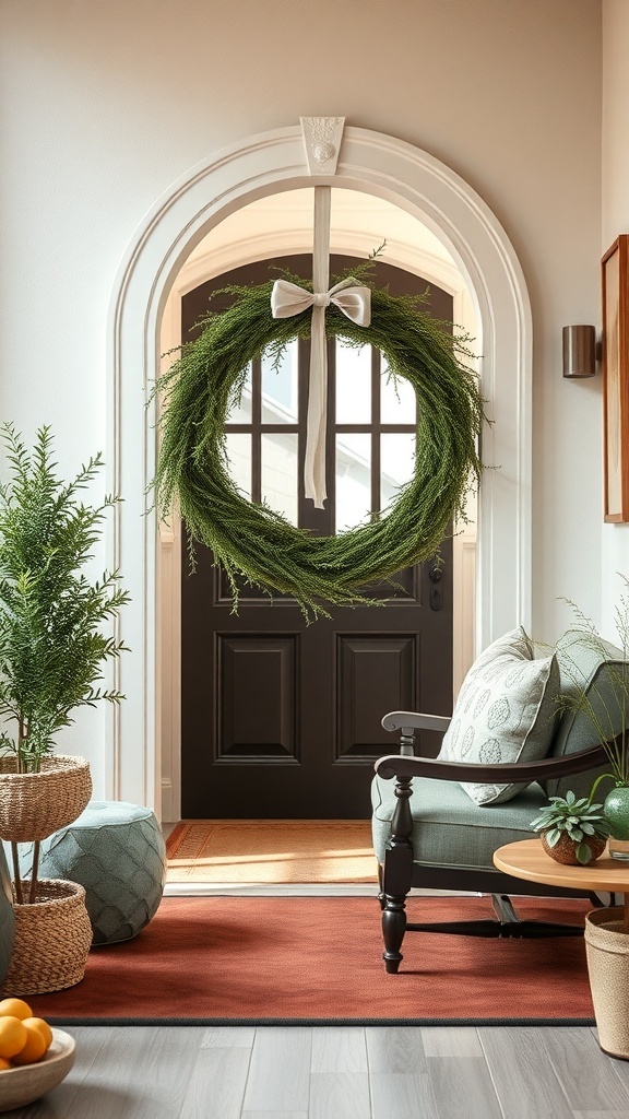 A green herb wreath with a white bow hanging on a dark front door, surrounded by cozy home decor.