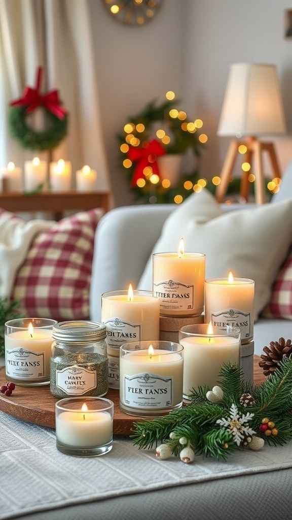 A cozy arrangement of scented holiday candles on a wooden tray, surrounded by festive greenery and decorations.