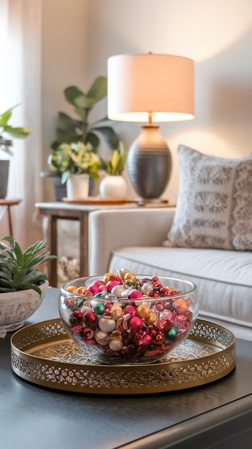 A decorative bowl filled with colorful ornaments on a coffee table in a cozy living room setting.