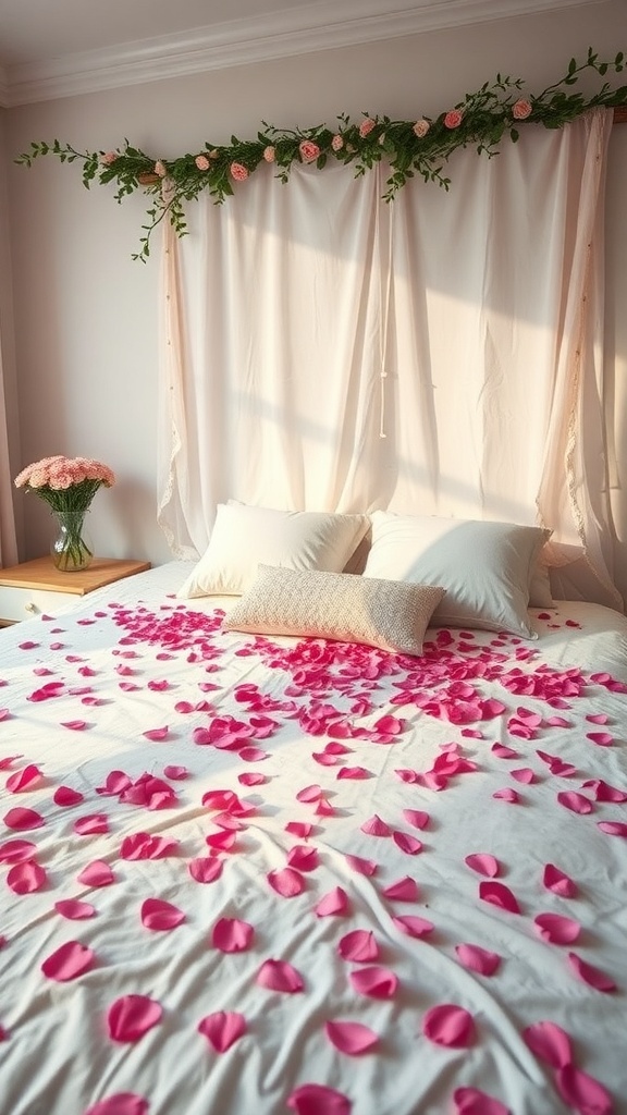 A bed decorated with pink flower petals and a floral arrangement, creating a romantic atmosphere.