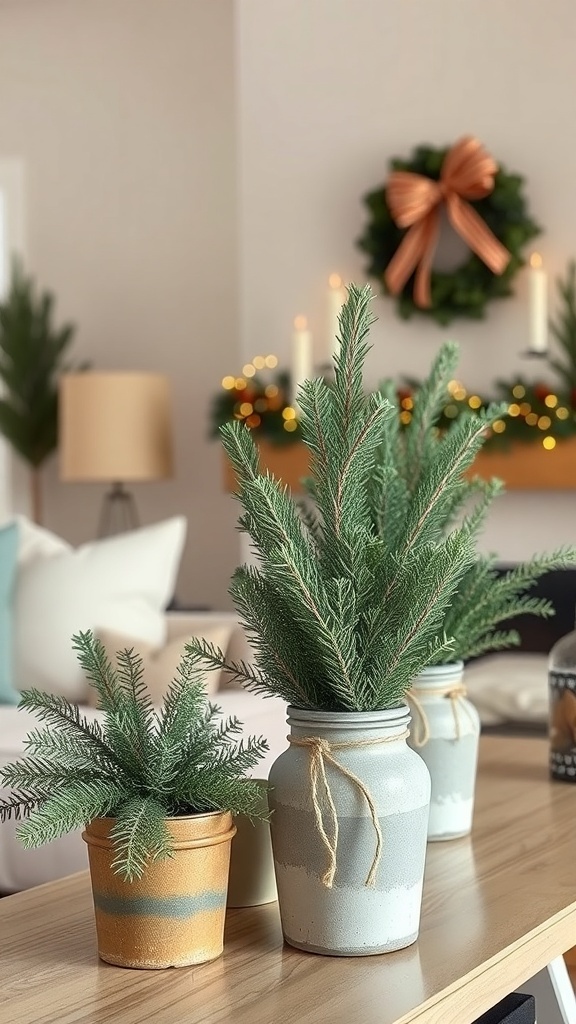A cozy display of pine and cedar arrangements in rustic pots, enhancing the holiday decor.