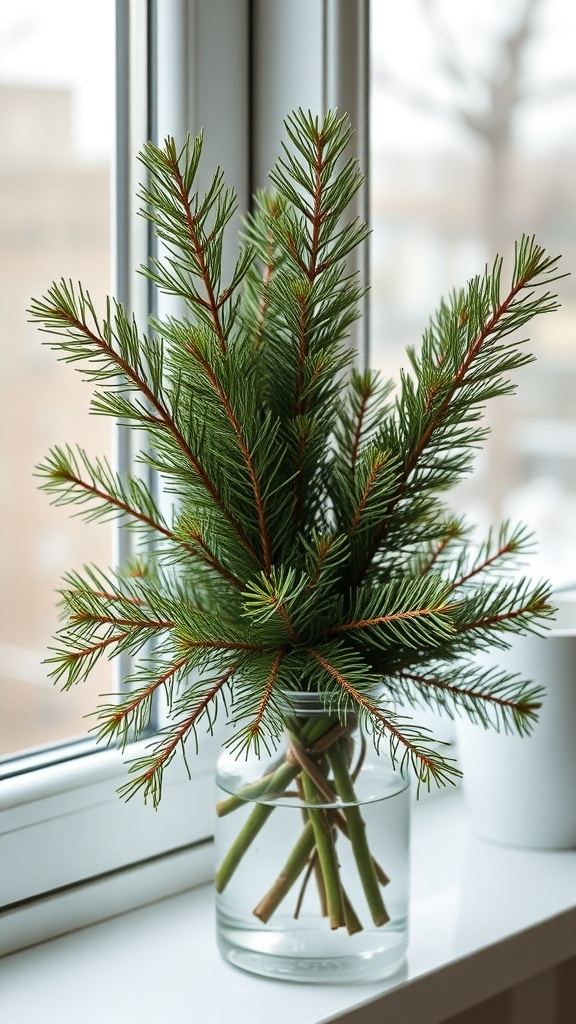 A clear glass vase filled with fresh pine branches on a window sill.