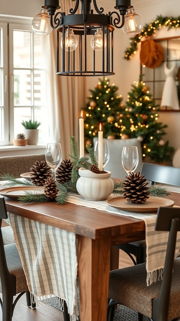 A cozy Christmas dining table with scented pinecones, candles, and festive decorations.