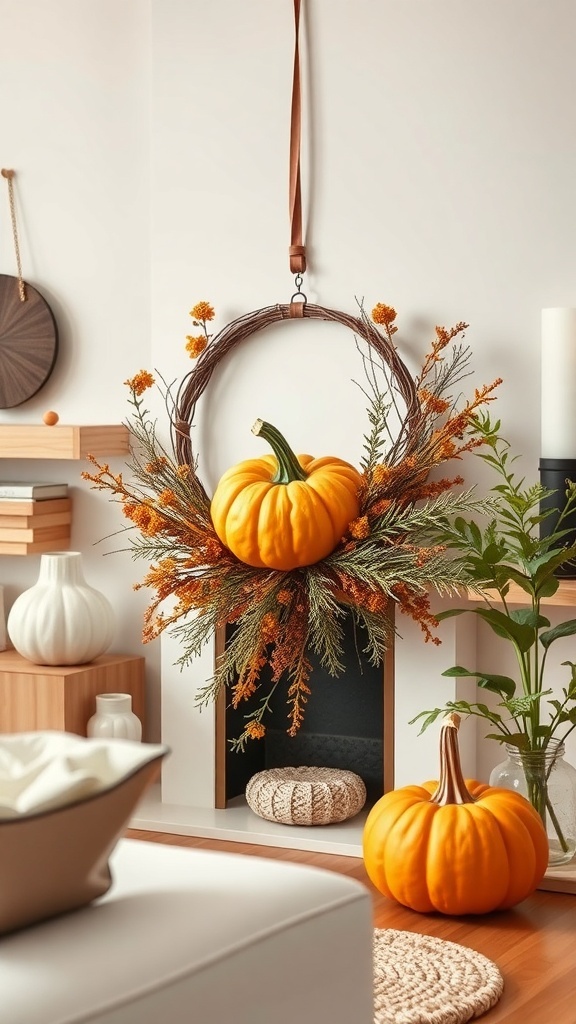 A decorative pumpkin wreath with a central pumpkin and colorful foliage, hanging in a cozy living space.