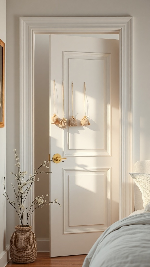 A white bedroom door with scented sachets hanging from it, surrounded by soft lighting and a decorative plant.