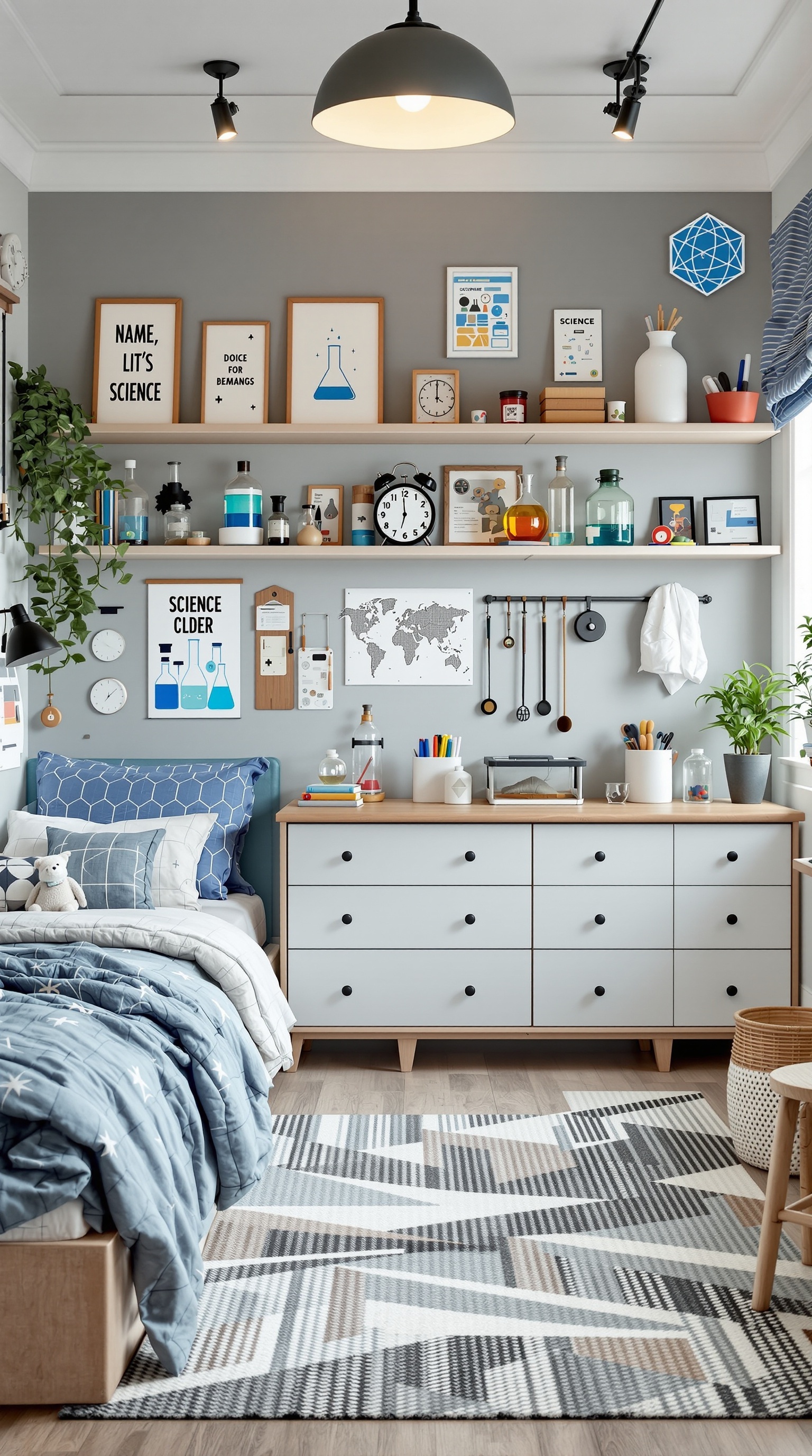 A boy's room designed like a science lab, featuring colorful bottles, posters, and a cozy bed.