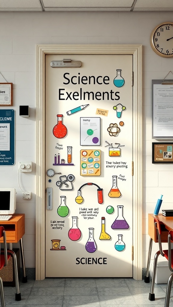 A classroom door decorated with colorful science illustrations and the text 'Science Exlements'.